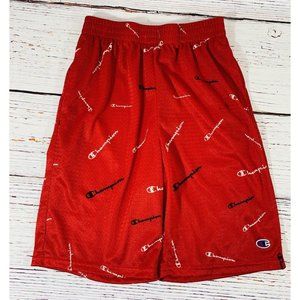 Champion Boys Red All Over Logo Print Basketball Gym Mesh Pockets Lined Athletic
